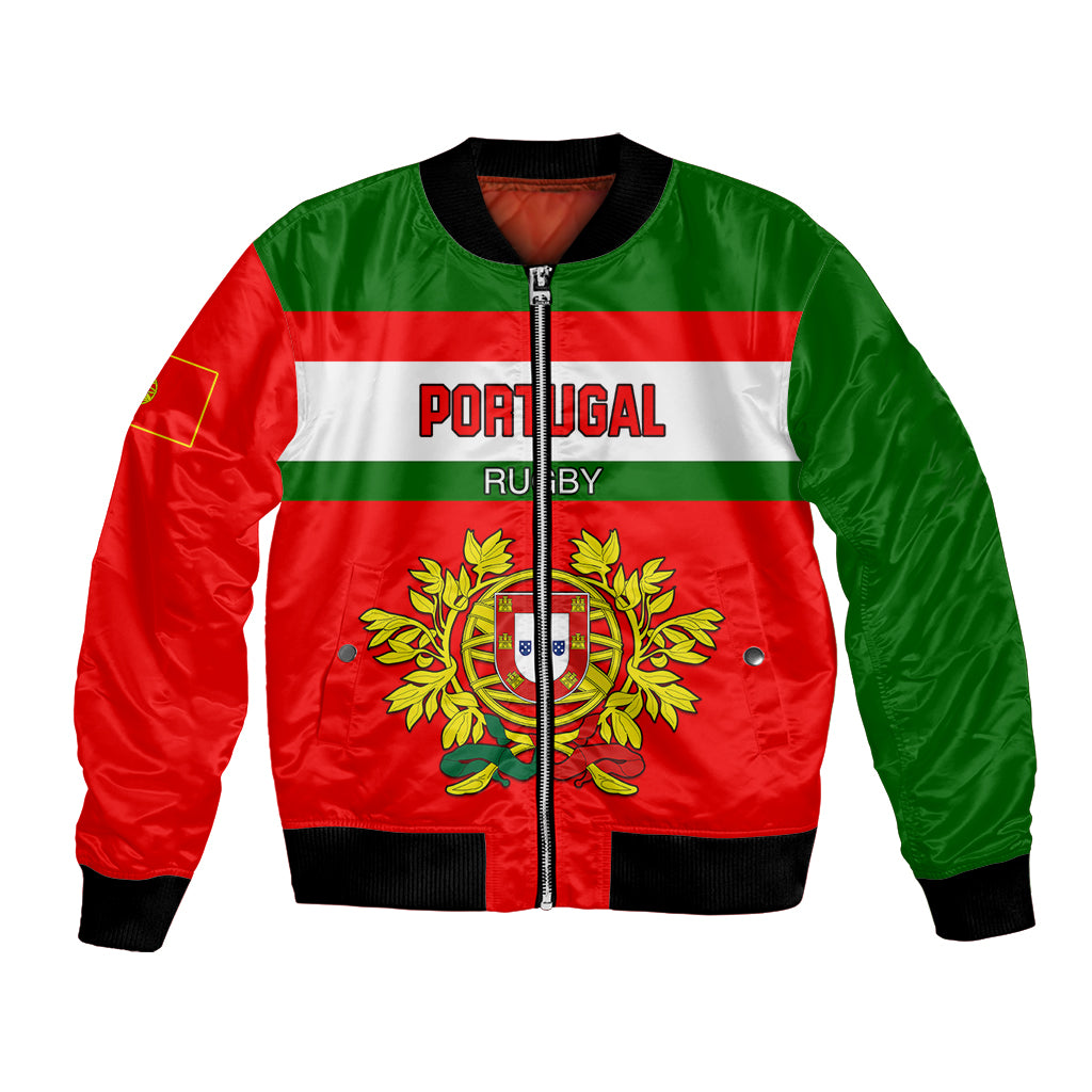 Unisex red/green rugby bomber jacket with Portugal crest on striped front