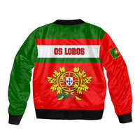 Unisex red/green rugby bomber jacket, OS LOBOS text and crest on back