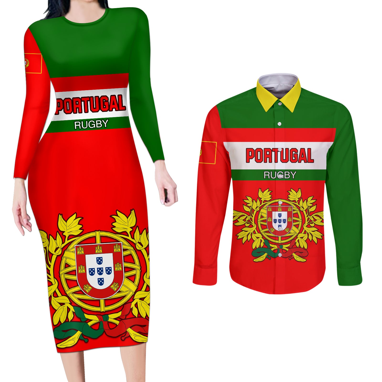 Portugal Rugby Couples Matching Long Sleeve Bodycon Dress and Long Sleeve Button Shirts Os Lobos Go 2023 World Cup - Wonder Print Shop