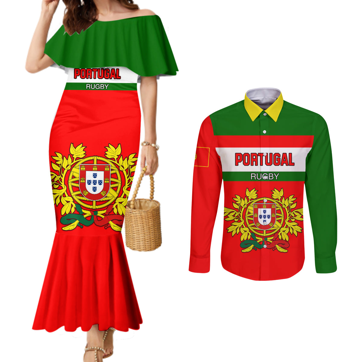 portugal-rugby-couples-matching-mermaid-dress-and-long-sleeve-button-shirts-os-lobos-go-2023-world-cup