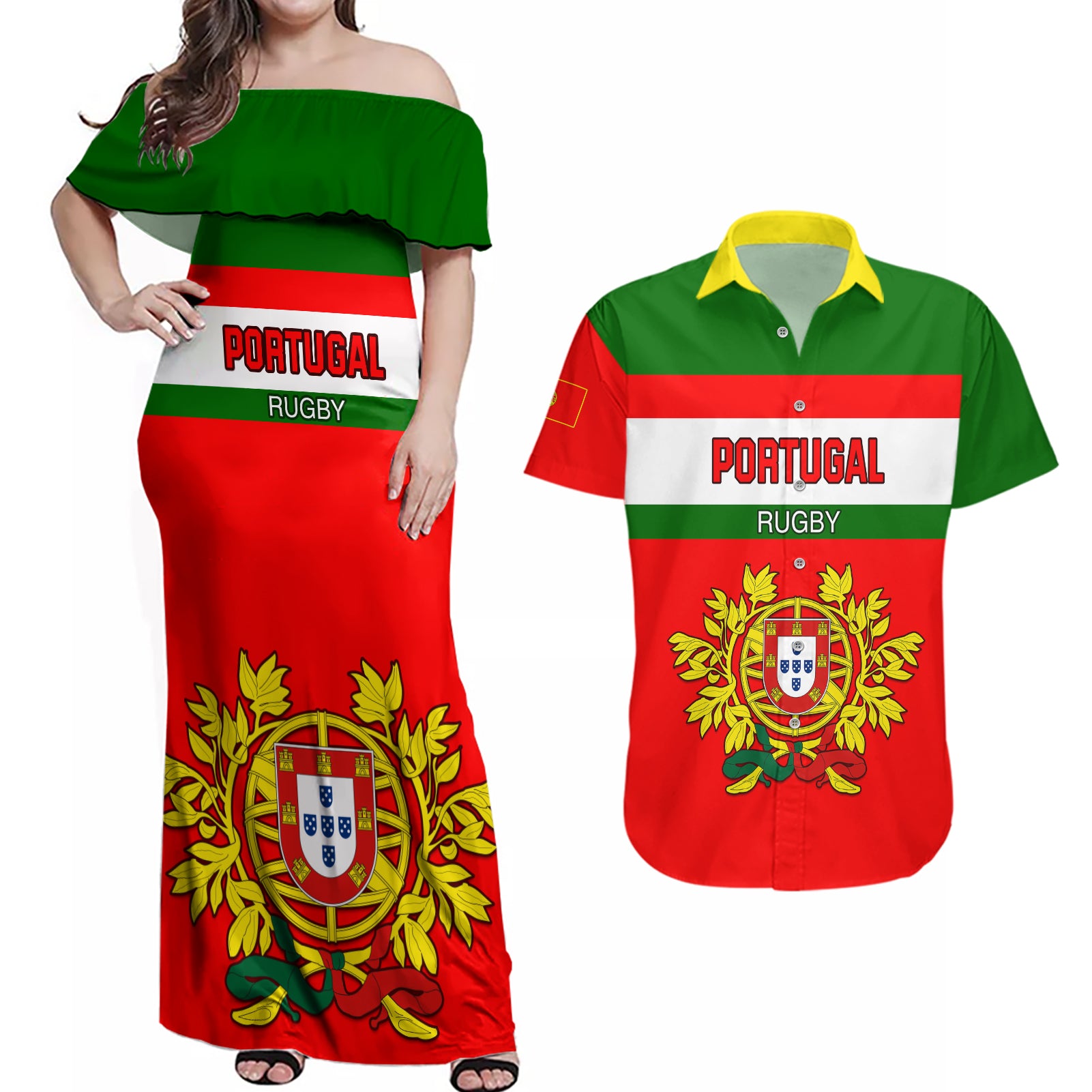 Portugal Rugby Couples Matching Off Shoulder Maxi Dress and Hawaiian Shirt Os Lobos Go 2023 World Cup - Wonder Print Shop