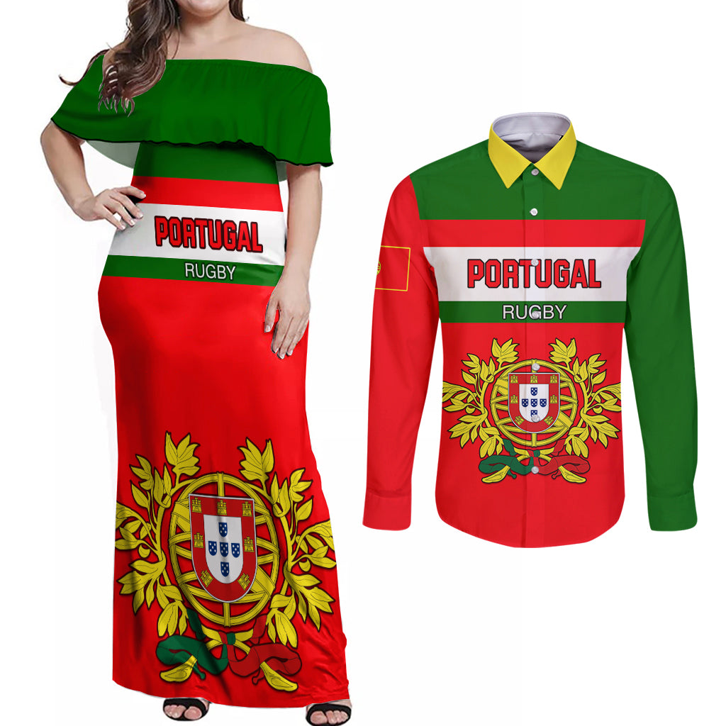 Portugal Rugby Couples Matching Off Shoulder Maxi Dress and Long Sleeve Button Shirts Os Lobos Go 2023 World Cup - Wonder Print Shop