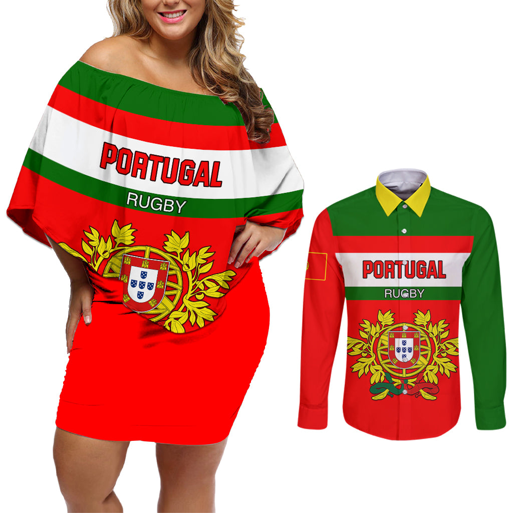 Portugal Rugby Couples Matching Off Shoulder Short Dress and Long Sleeve Button Shirts Os Lobos Go 2023 World Cup - Wonder Print Shop