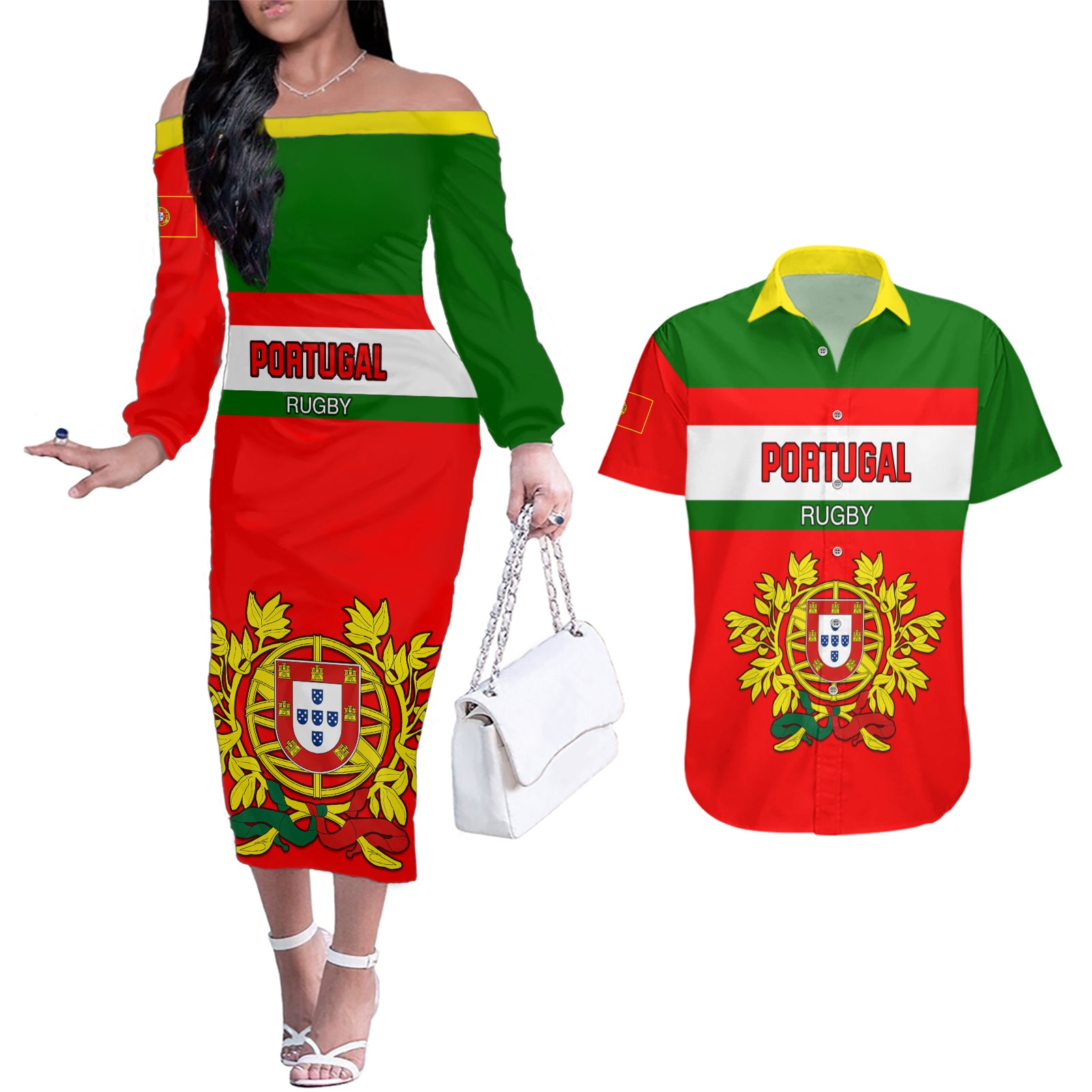 Portugal Rugby Couples Matching Off The Shoulder Long Sleeve Dress and Hawaiian Shirt Os Lobos Go 2023 World Cup - Wonder Print Shop