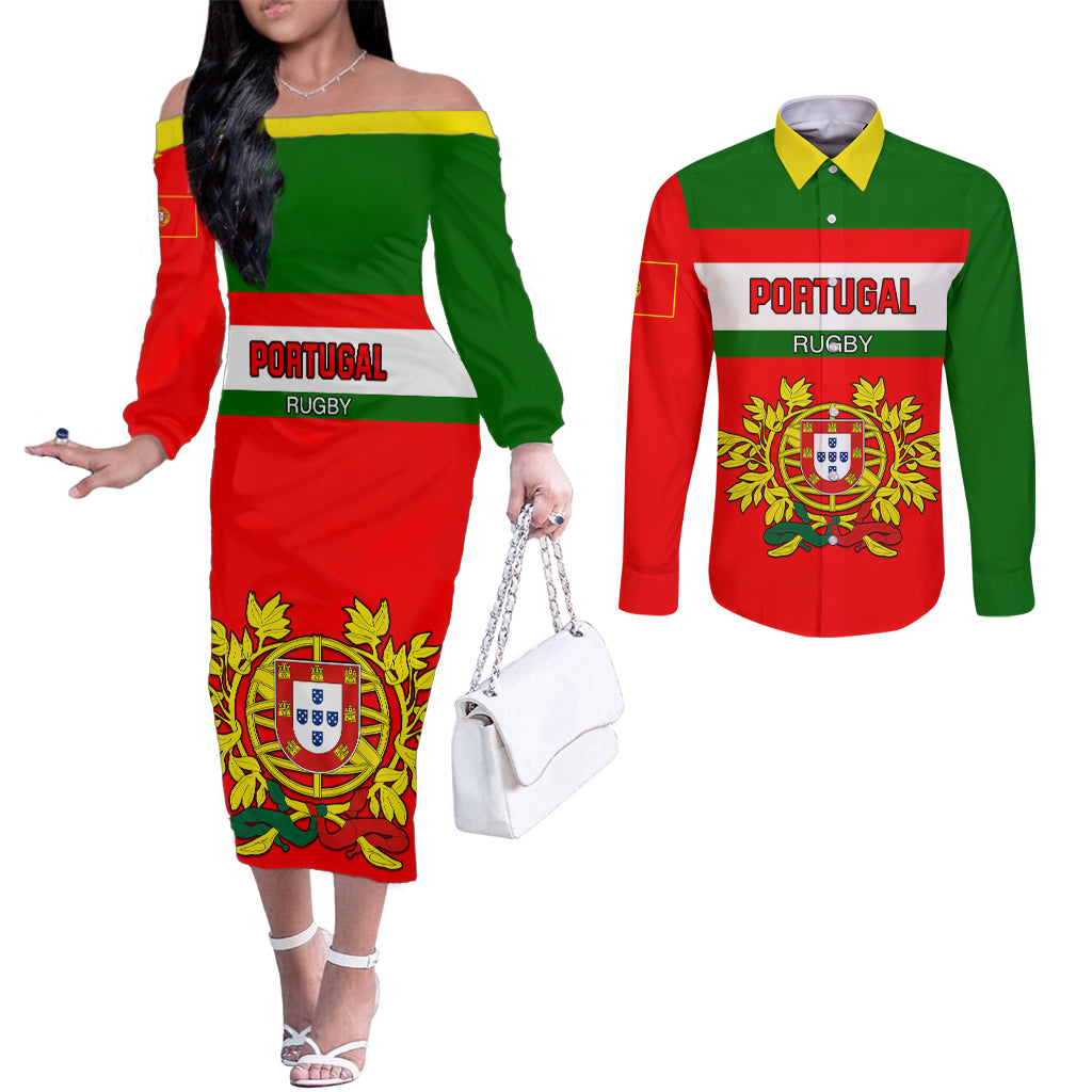 portugal-rugby-couples-matching-off-the-shoulder-long-sleeve-dress-and-long-sleeve-button-shirts-os-lobos-go-2023-world-cup