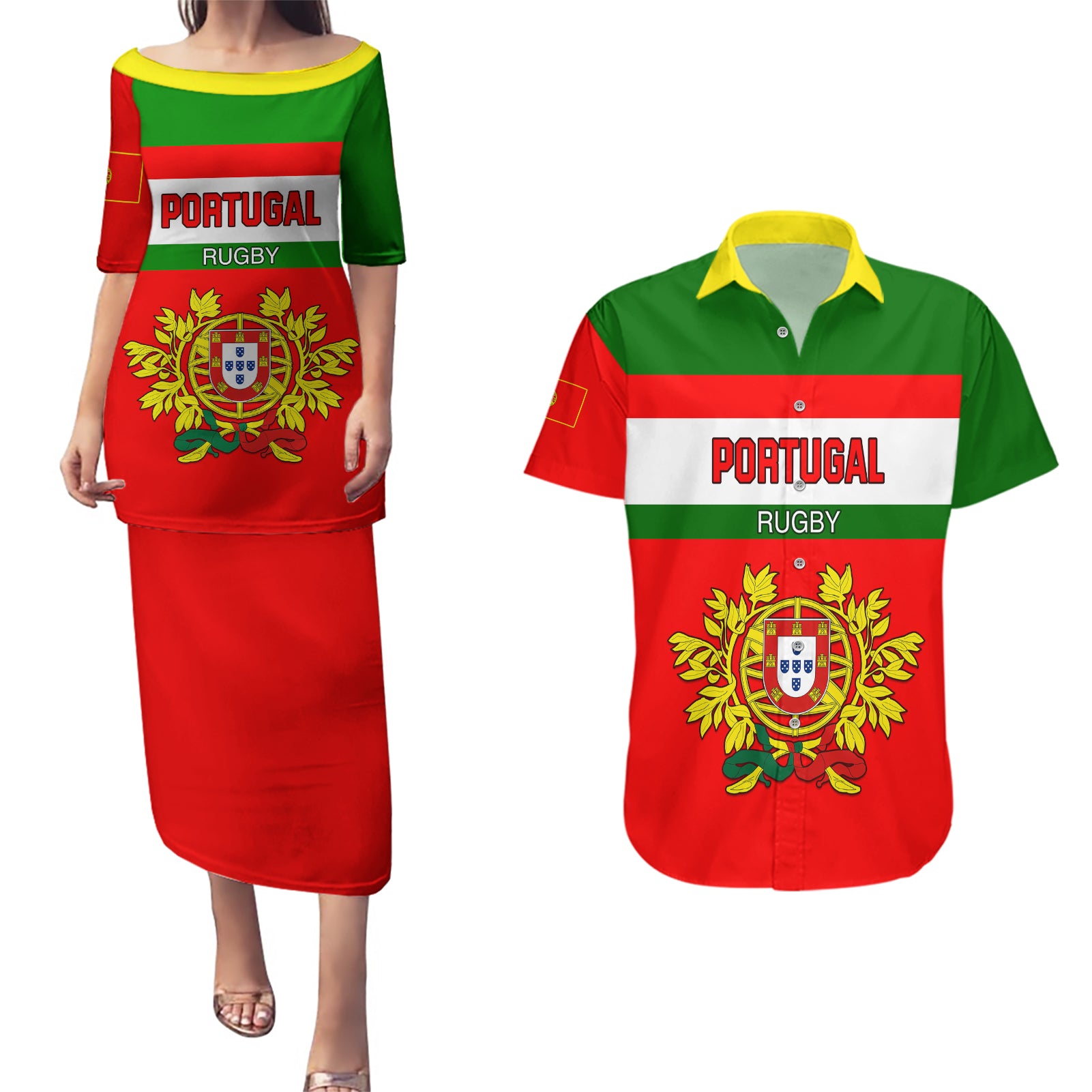 Portugal Rugby Couples Matching Puletasi Dress and Hawaiian Shirt Os Lobos Go 2023 World Cup - Wonder Print Shop