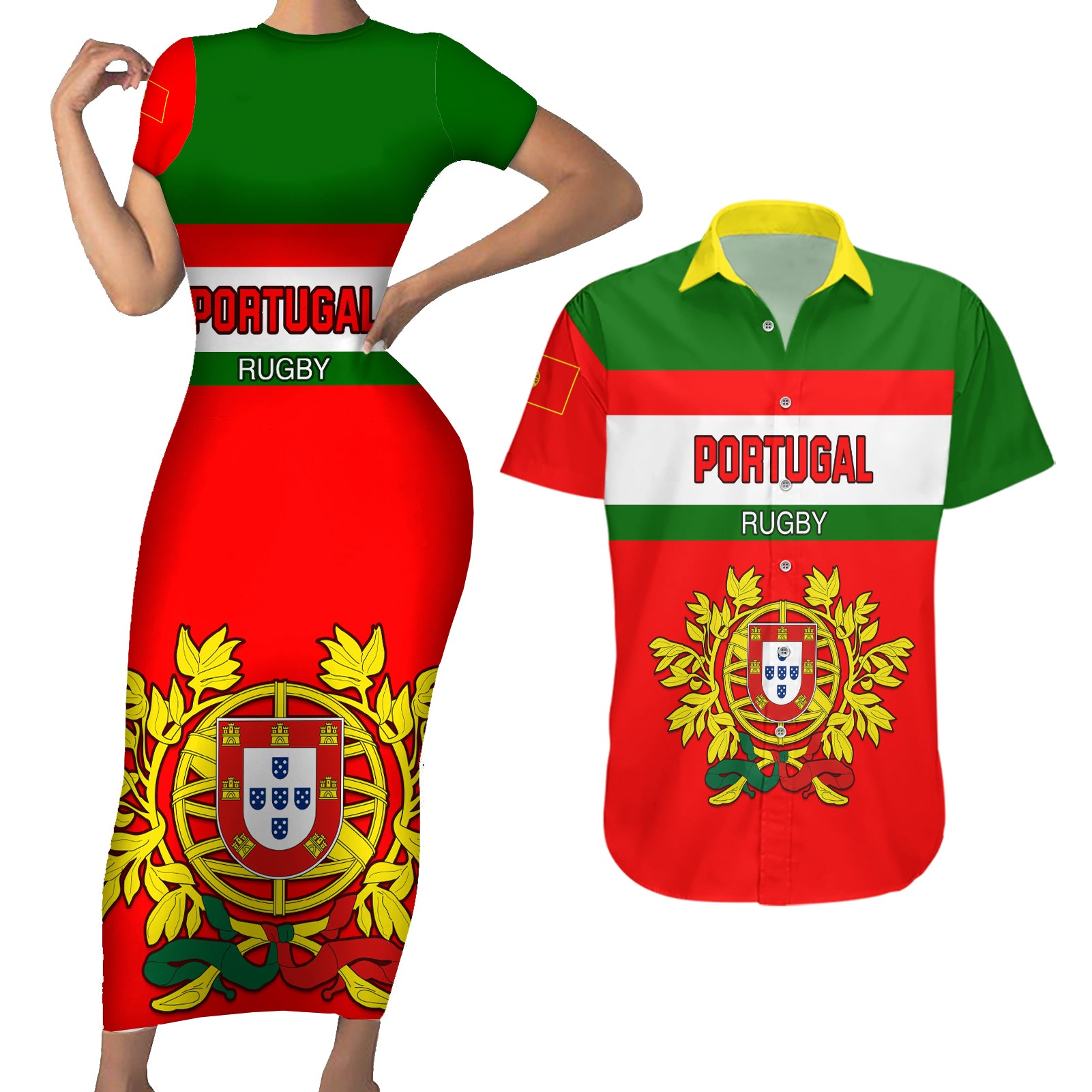 Portugal Rugby Couples Matching Short Sleeve Bodycon Dress and Hawaiian Shirt Os Lobos Go 2023 World Cup - Wonder Print Shop