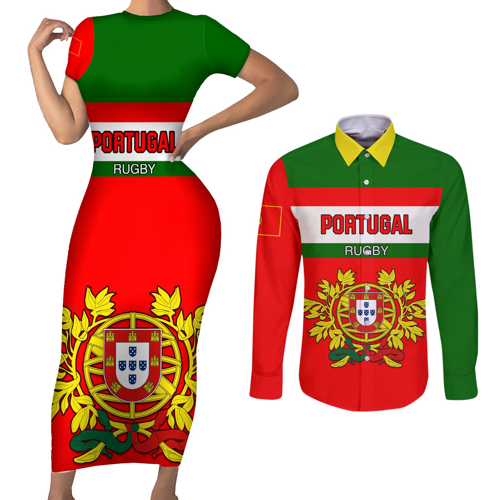 Portugal Rugby Couples Matching Short Sleeve Bodycon Dress and Long Sleeve Button Shirts Os Lobos Go 2023 World Cup - Wonder Print Shop