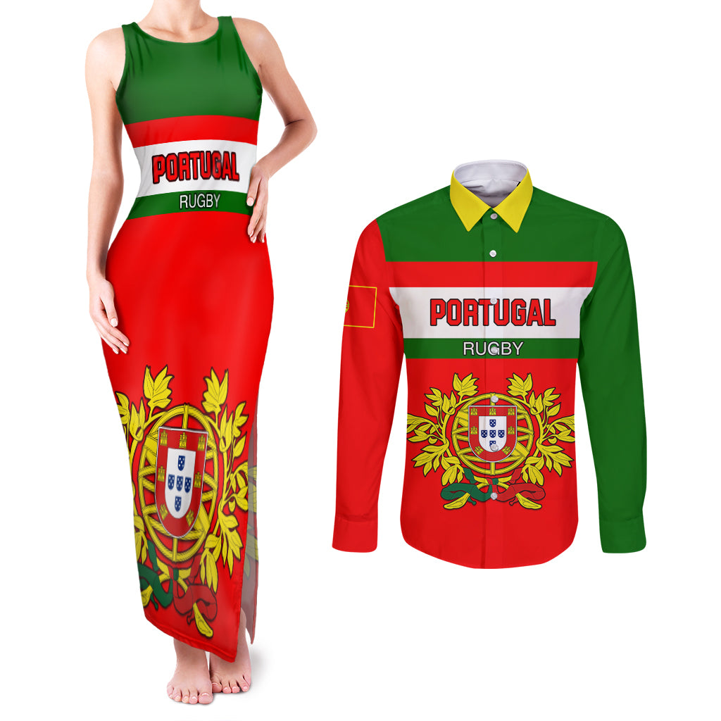 Portugal Rugby Couples Matching Tank Maxi Dress and Long Sleeve Button Shirts Os Lobos Go 2023 World Cup - Wonder Print Shop