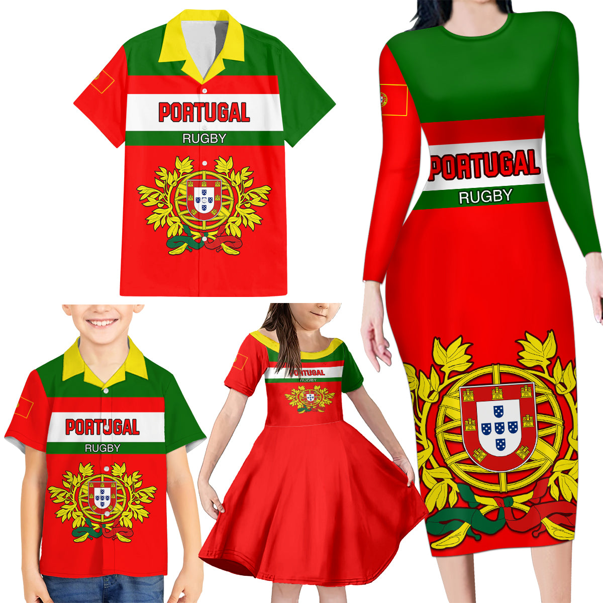 Portugal Rugby Family Matching Long Sleeve Bodycon Dress and Hawaiian Shirt Os Lobos Go 2023 World Cup - Wonder Print Shop