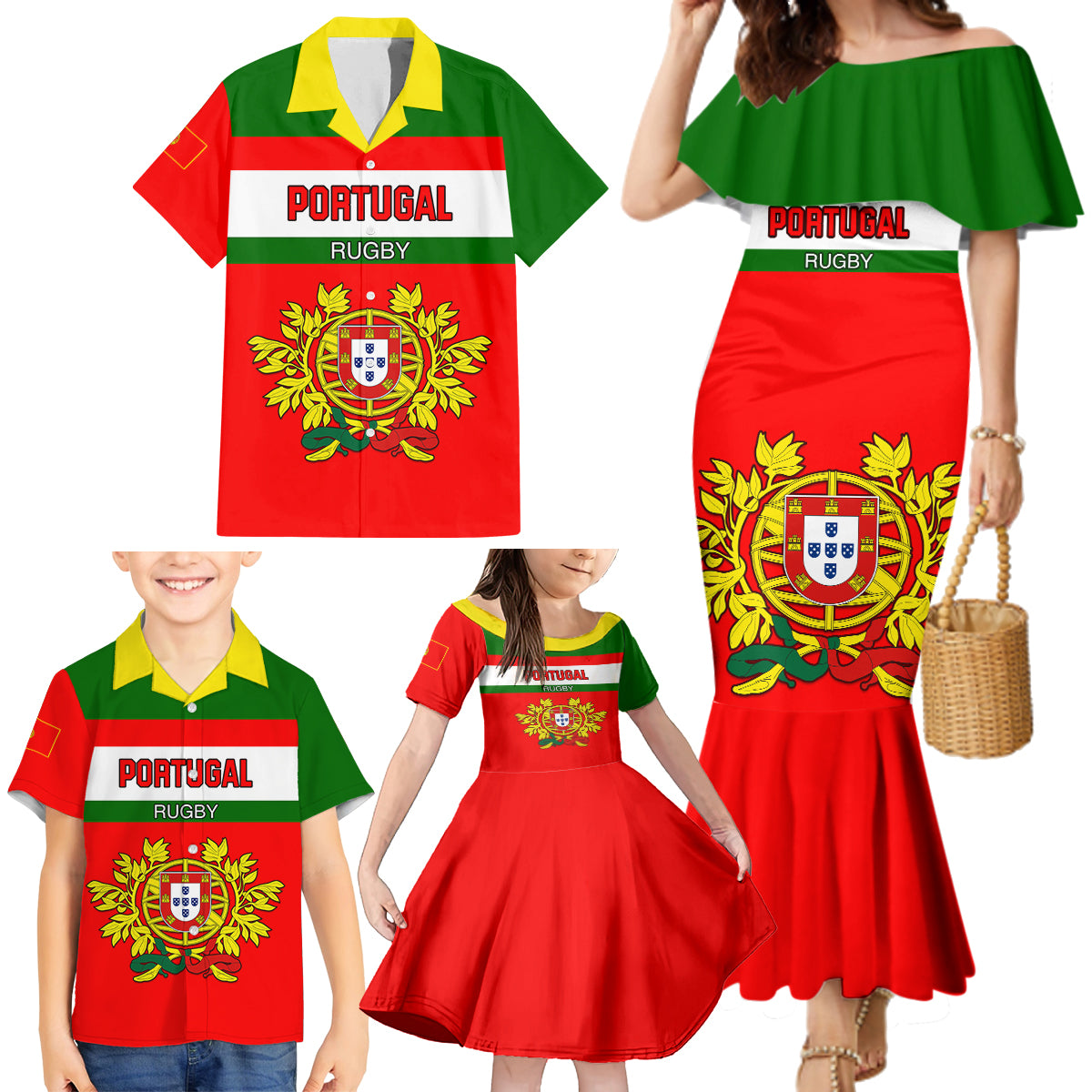 Portugal Rugby Family Matching Mermaid Dress and Hawaiian Shirt Os Lobos Go 2023 World Cup - Wonder Print Shop