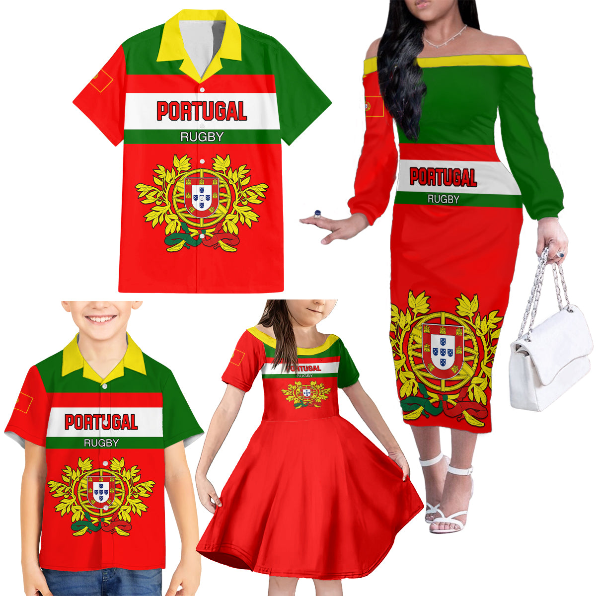 Portugal Rugby Family Matching Off Shoulder Long Sleeve Dress and Hawaiian Shirt Os Lobos Go 2023 World Cup - Wonder Print Shop