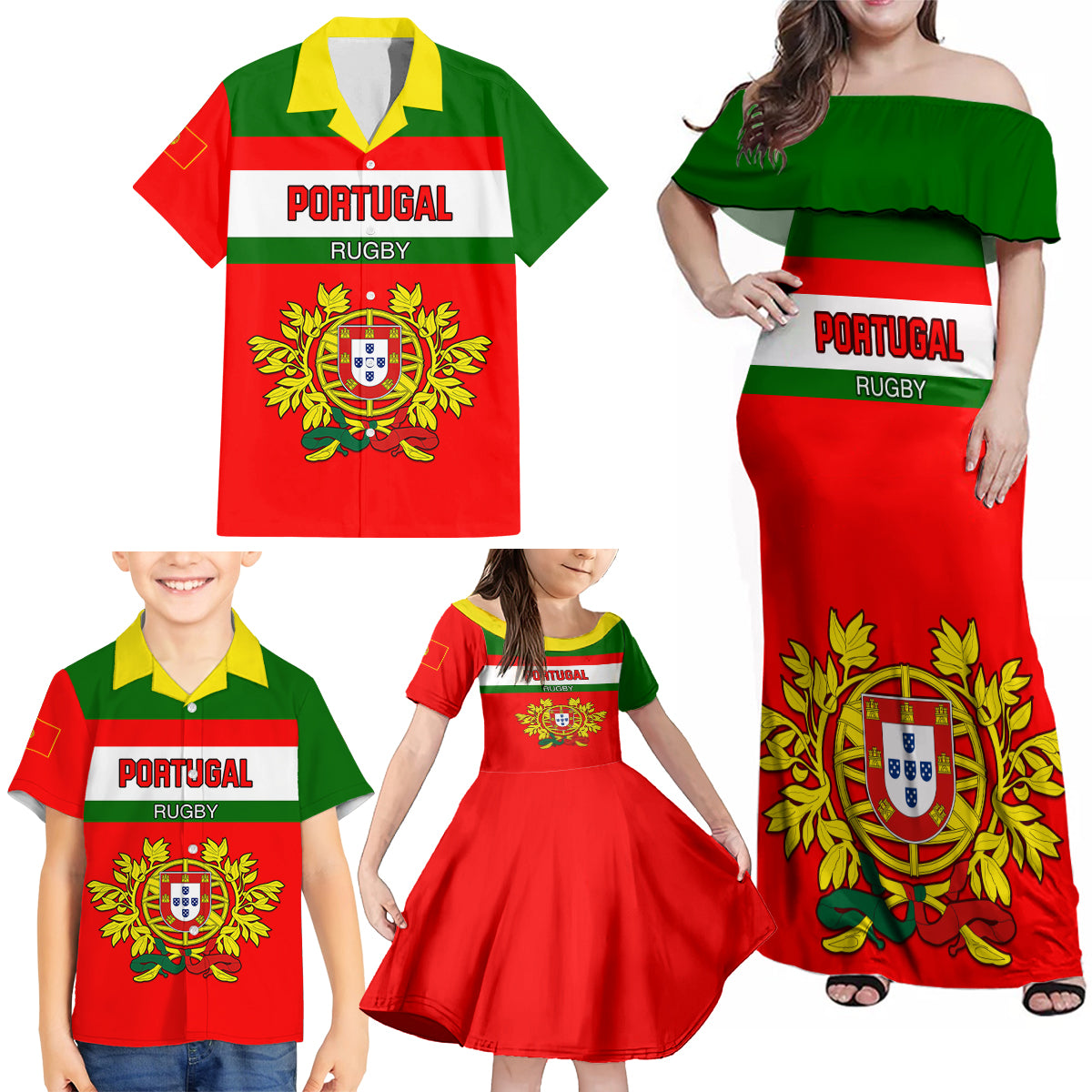 Portugal Rugby Family Matching Off Shoulder Maxi Dress and Hawaiian Shirt Os Lobos Go 2023 World Cup - Wonder Print Shop