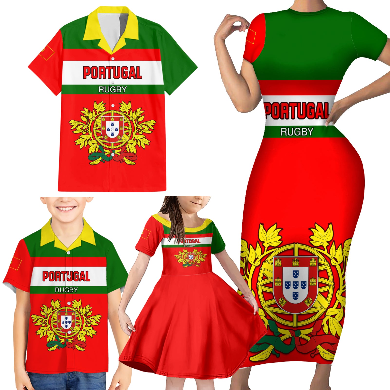 Portugal Rugby Family Matching Short Sleeve Bodycon Dress and Hawaiian Shirt Os Lobos Go 2023 World Cup - Wonder Print Shop