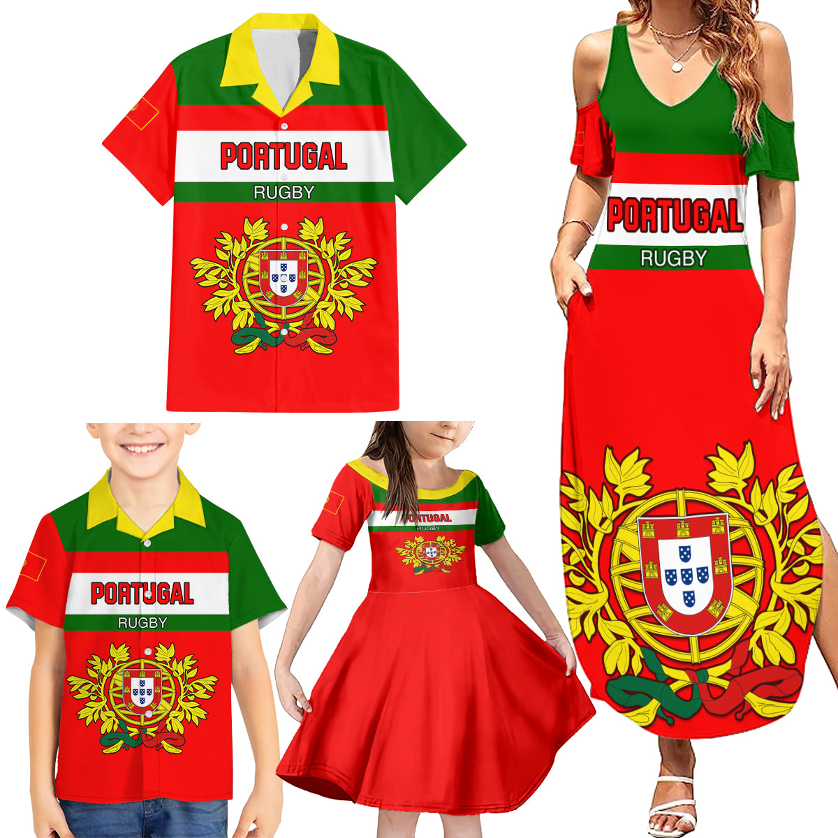 Portugal Rugby Family Matching Summer Maxi Dress and Hawaiian Shirt Os Lobos Go 2023 World Cup - Wonder Print Shop