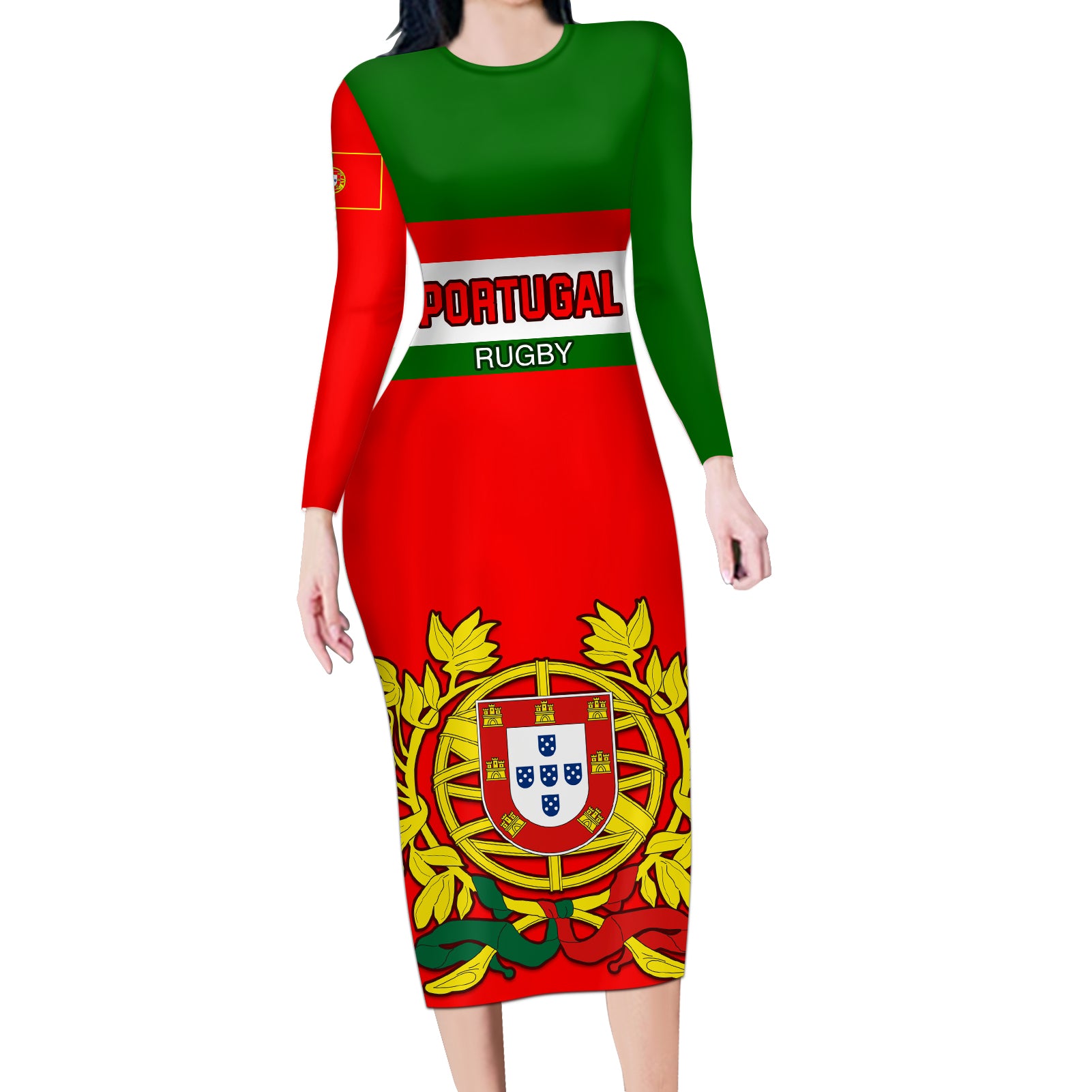 Portugal Rugby Long Sleeve Bodycon Dress Os Lobos Go 2023 World Cup - Wonder Print Shop