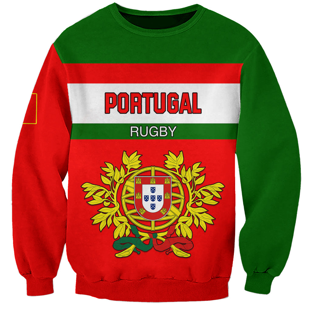 Red and green rugby sweatshirt with Portugal crest and large 'PORTUGAL' text