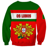 Red and green rugby sweatshirt with 'OS LOBOS' text and Portugal crest emblem
