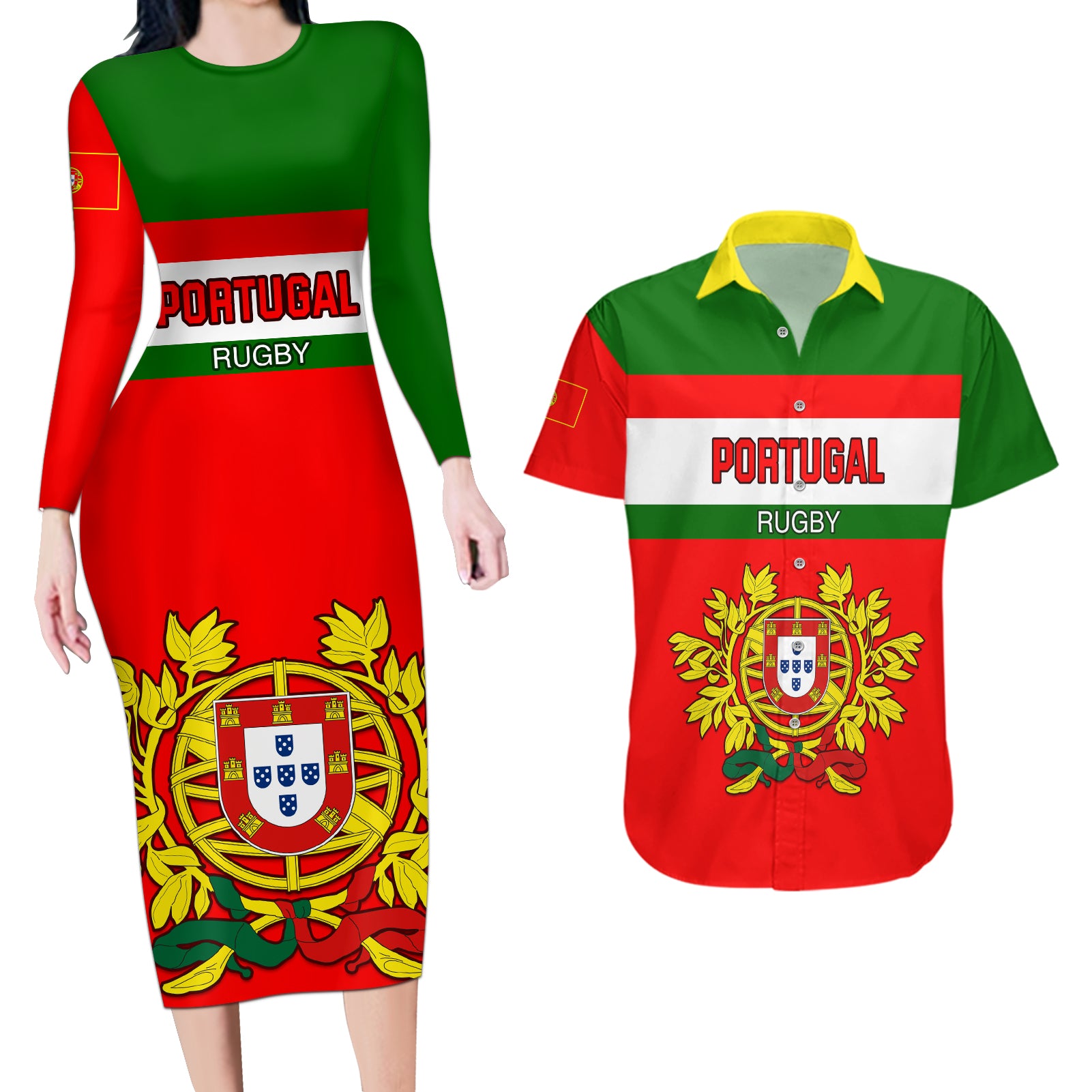 Custom Portugal Rugby Couples Matching Long Sleeve Bodycon Dress and Hawaiian Shirt Os Lobos Go 2023 World Cup - Wonder Print Shop