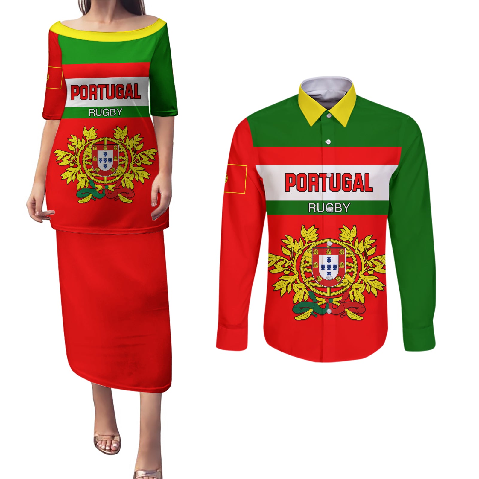 Custom Portugal Rugby Couples Matching Puletasi Dress and Long Sleeve Button Shirts Os Lobos Go 2023 World Cup - Wonder Print Shop