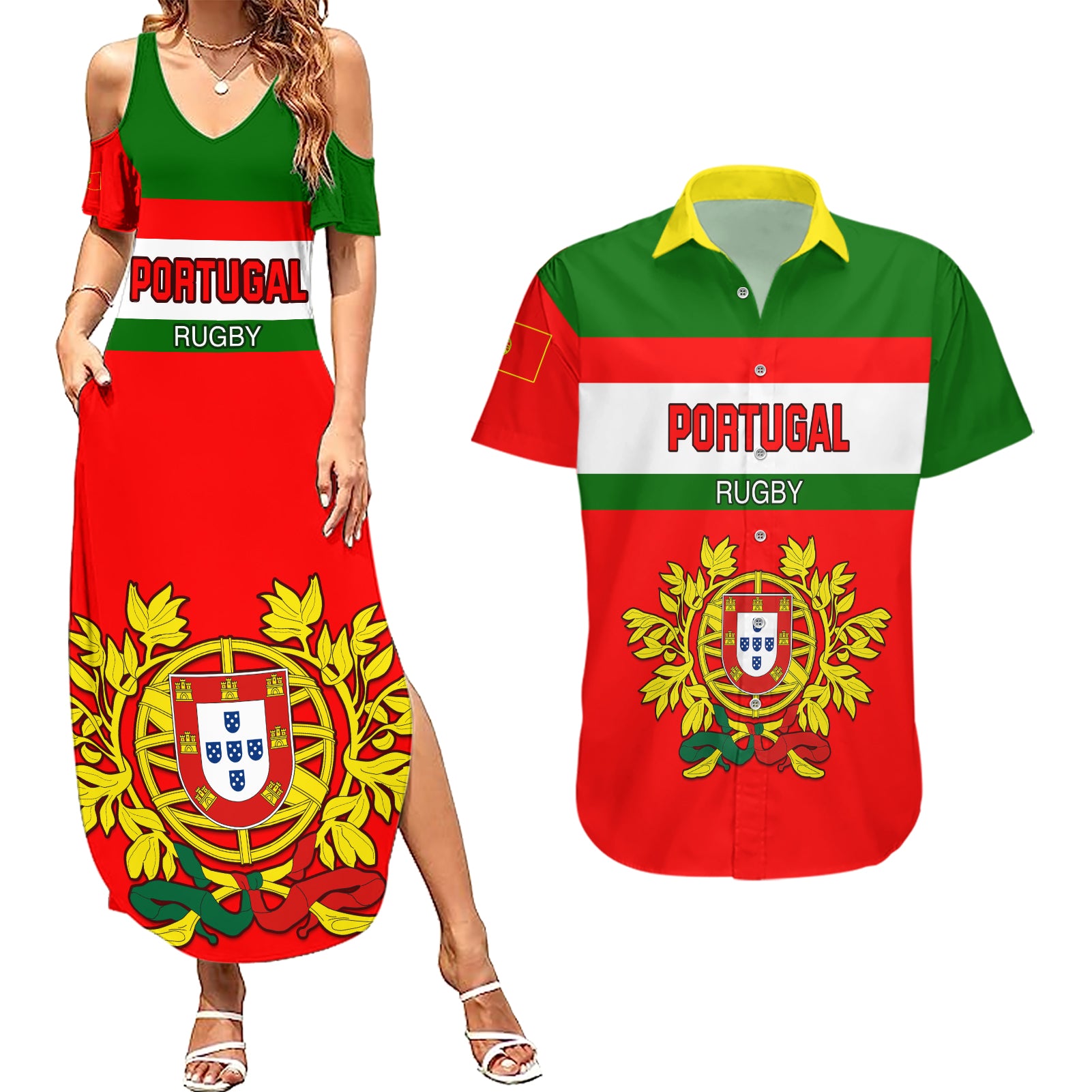 Custom Portugal Rugby Couples Matching Summer Maxi Dress and Hawaiian Shirt Os Lobos Go 2023 World Cup - Wonder Print Shop