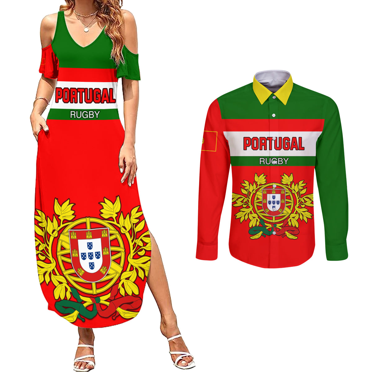 Custom Portugal Rugby Couples Matching Summer Maxi Dress and Long Sleeve Button Shirts Os Lobos Go 2023 World Cup - Wonder Print Shop