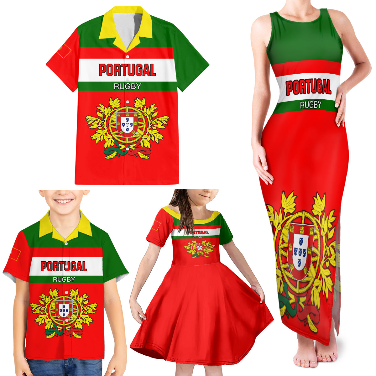 Custom Portugal Rugby Family Matching Tank Maxi Dress and Hawaiian Shirt Os Lobos Go 2023 World Cup - Wonder Print Shop