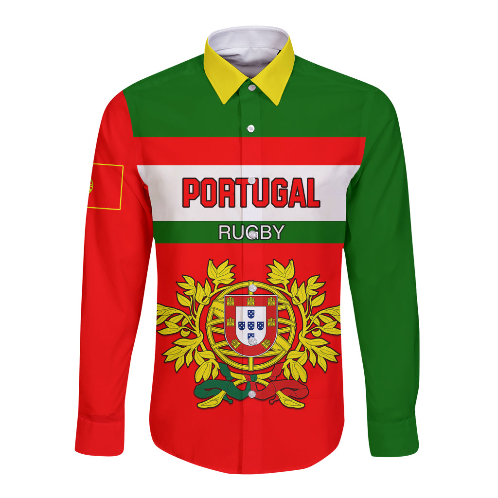 Red and green long-sleeve rugby button shirt with yellow collar and Portugal crest