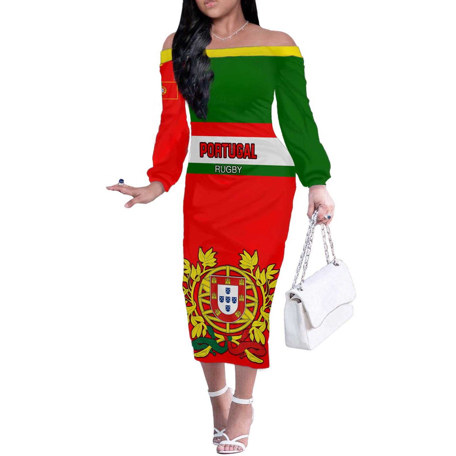 Custom Portugal Rugby Off The Shoulder Long Sleeve Dress Os Lobos Go 2023 World Cup - Wonder Print Shop