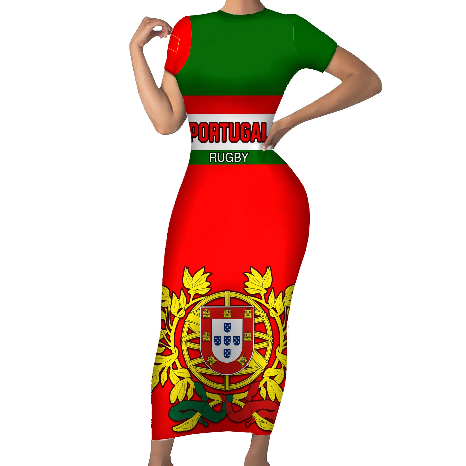 Custom Portugal Rugby Short Sleeve Bodycon Dress Os Lobos Go 2023 World Cup - Wonder Print Shop