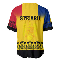 Yellow rugby baseball jersey with STEJARII back print, crest, black hem, red/blue sides