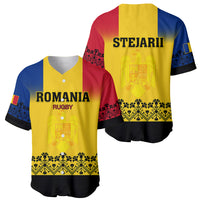 Two rugby baseball jerseys: yellow front with ROMANIA RUGBY, yellow back with STEJARII