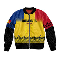 Rugby bomber jacket in yellow with blue and red panels, black sleeves, front zipper, Romania print