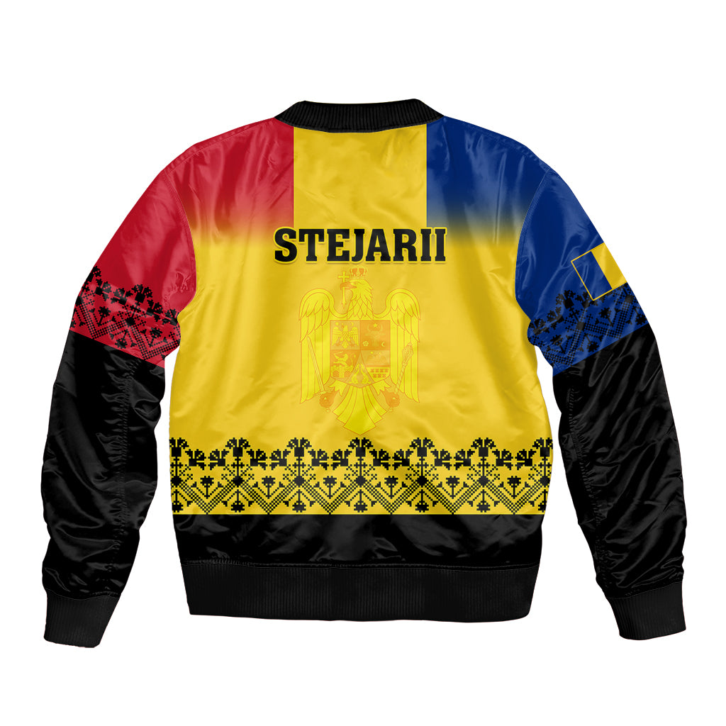 Rugby bomber jacket with STEJARII back print, yellow body with blue/red panels, black sleeves