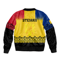 Rugby bomber jacket with STEJARII back print, yellow body with blue/red panels, black sleeves