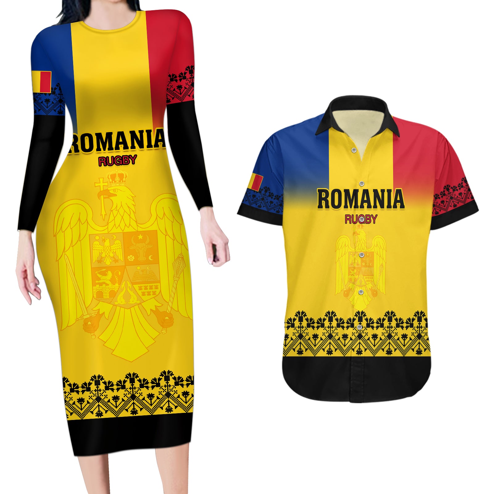 Romania Rugby Couples Matching Long Sleeve Bodycon Dress and Hawaiian Shirt Stejarii Go 2023 World Cup - Wonder Print Shop