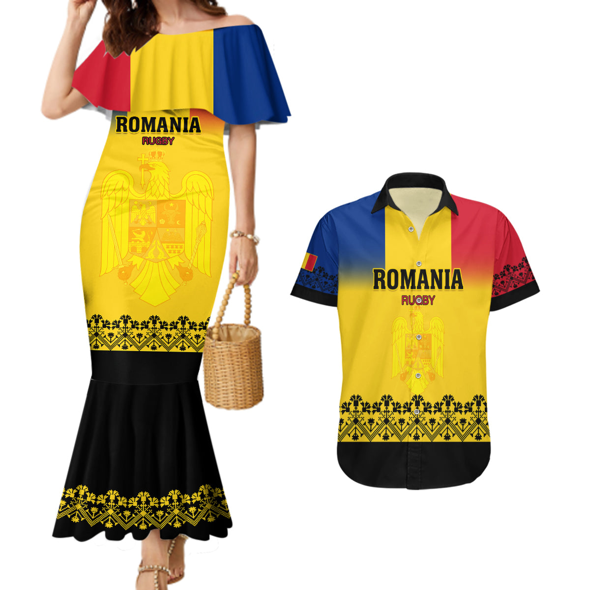 Romania Rugby Couples Matching Mermaid Dress and Hawaiian Shirt Stejarii Go 2023 World Cup - Wonder Print Shop