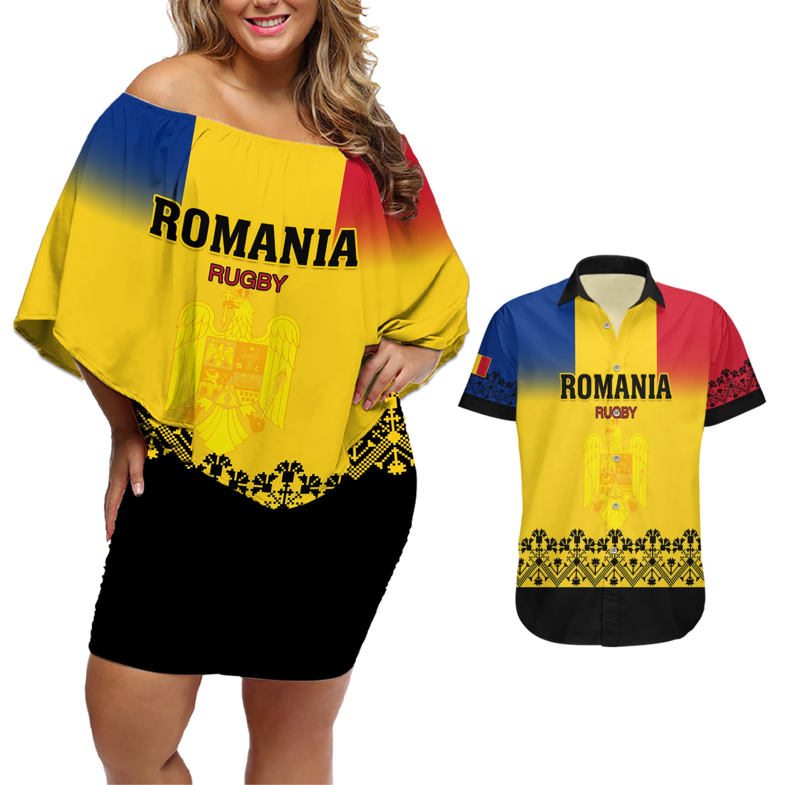 Romania Rugby Couples Matching Off Shoulder Short Dress and Hawaiian Shirt Stejarii Go 2023 World Cup - Wonder Print Shop