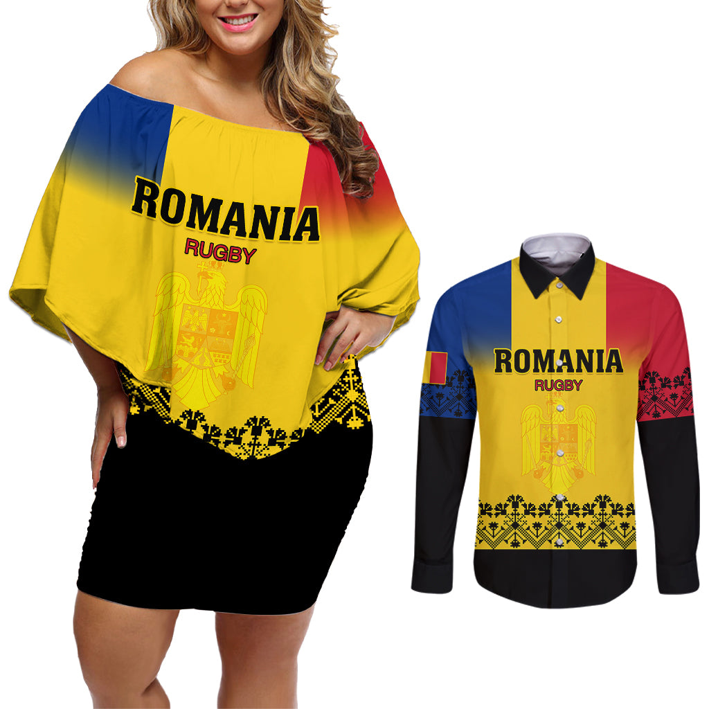 Romania Rugby Couples Matching Off Shoulder Short Dress and Long Sleeve Button Shirts Stejarii Go 2023 World Cup - Wonder Print Shop