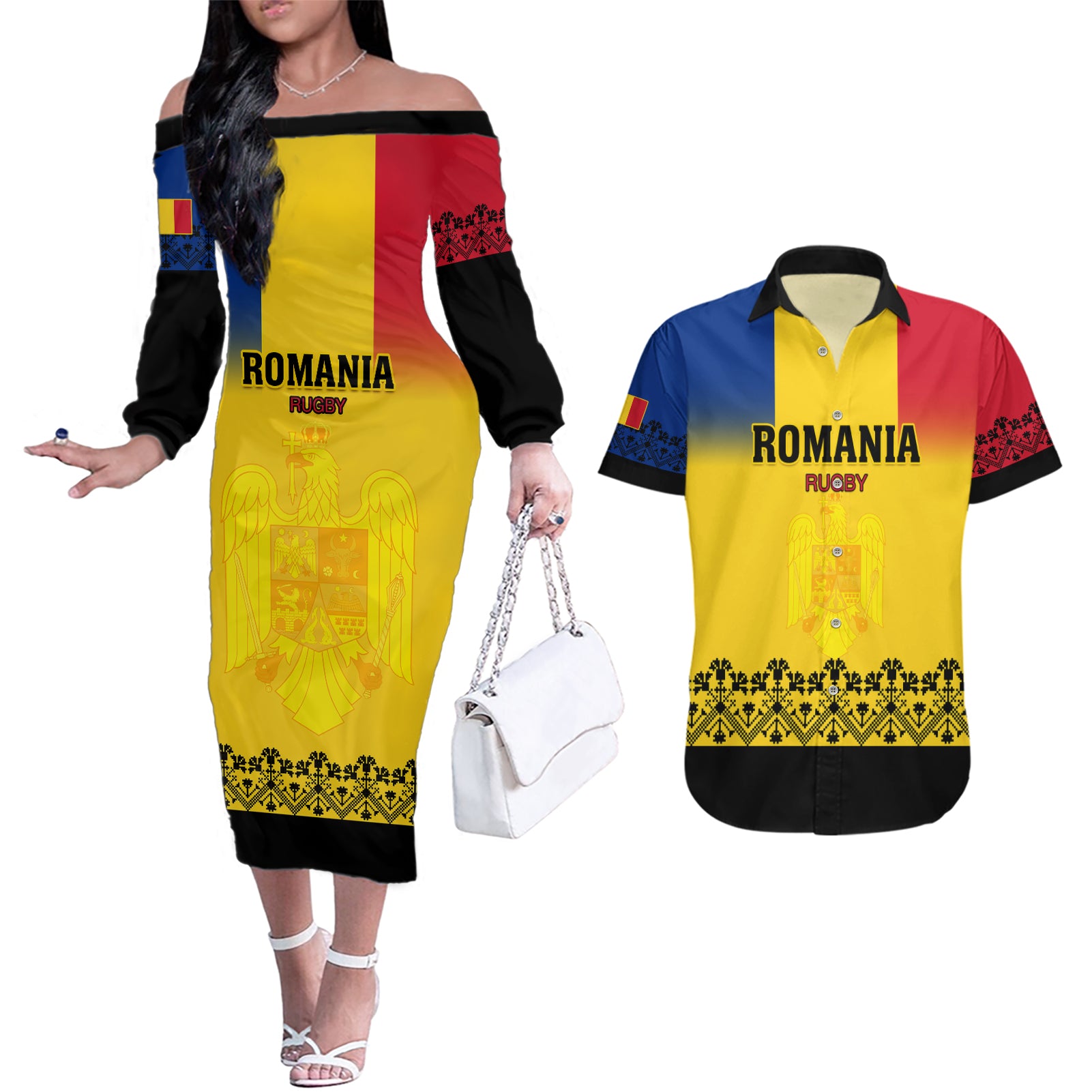 Romania Rugby Couples Matching Off The Shoulder Long Sleeve Dress and Hawaiian Shirt Stejarii Go 2023 World Cup - Wonder Print Shop