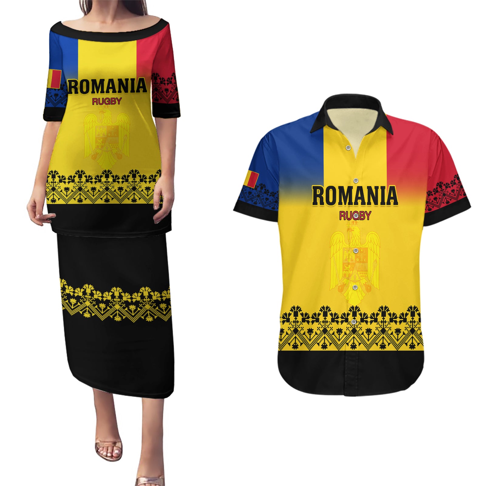 Romania Rugby Couples Matching Puletasi Dress and Hawaiian Shirt Stejarii Go 2023 World Cup - Wonder Print Shop