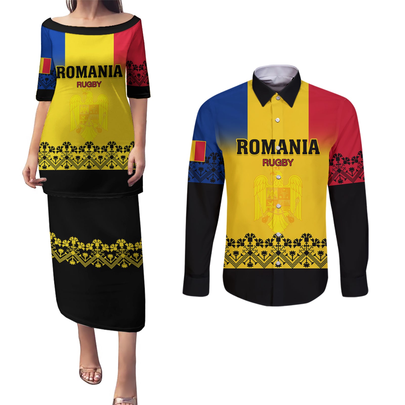 Romania Rugby Couples Matching Puletasi Dress and Long Sleeve Button Shirts Stejarii Go 2023 World Cup - Wonder Print Shop