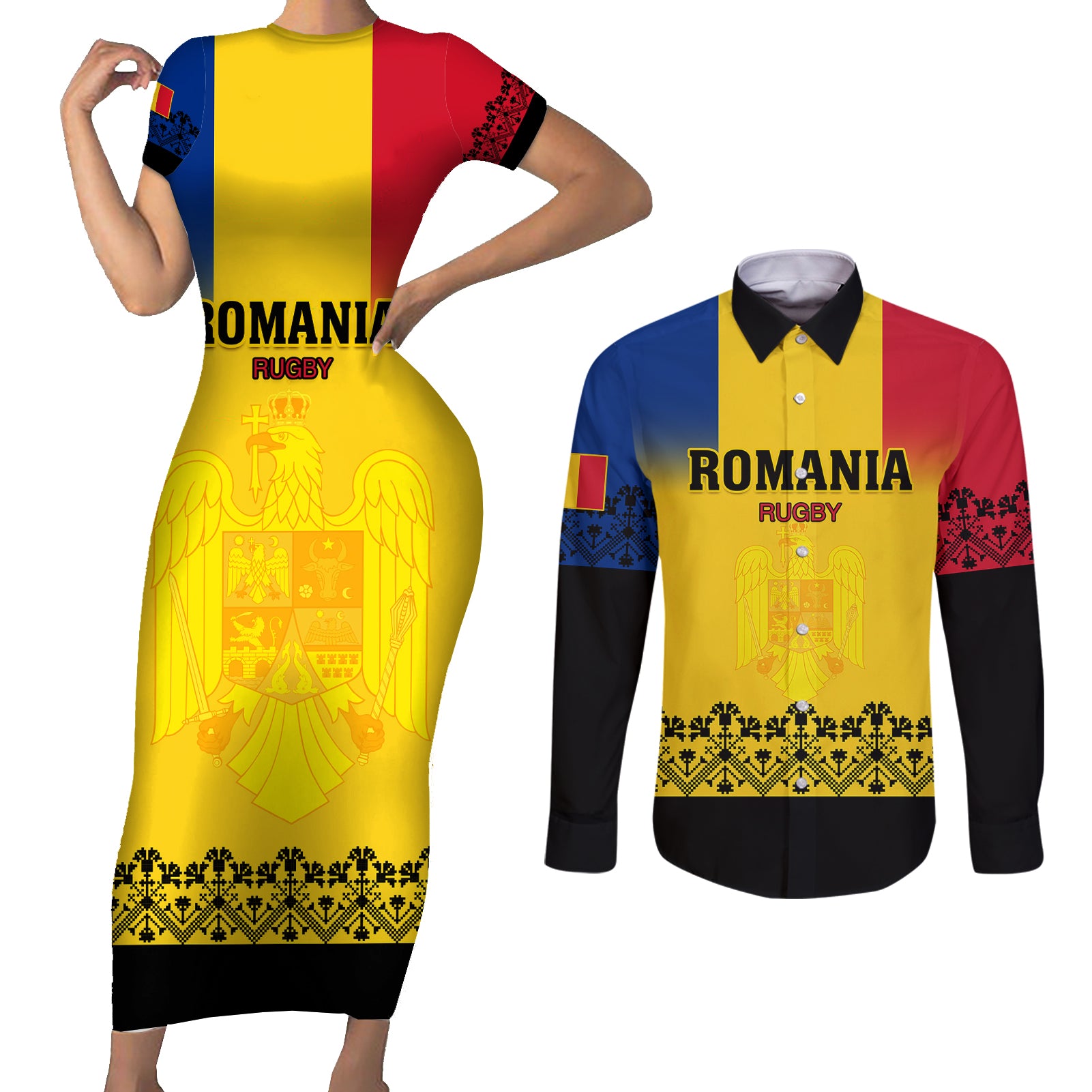 Romania Rugby Couples Matching Short Sleeve Bodycon Dress and Long Sleeve Button Shirts Stejarii Go 2023 World Cup - Wonder Print Shop