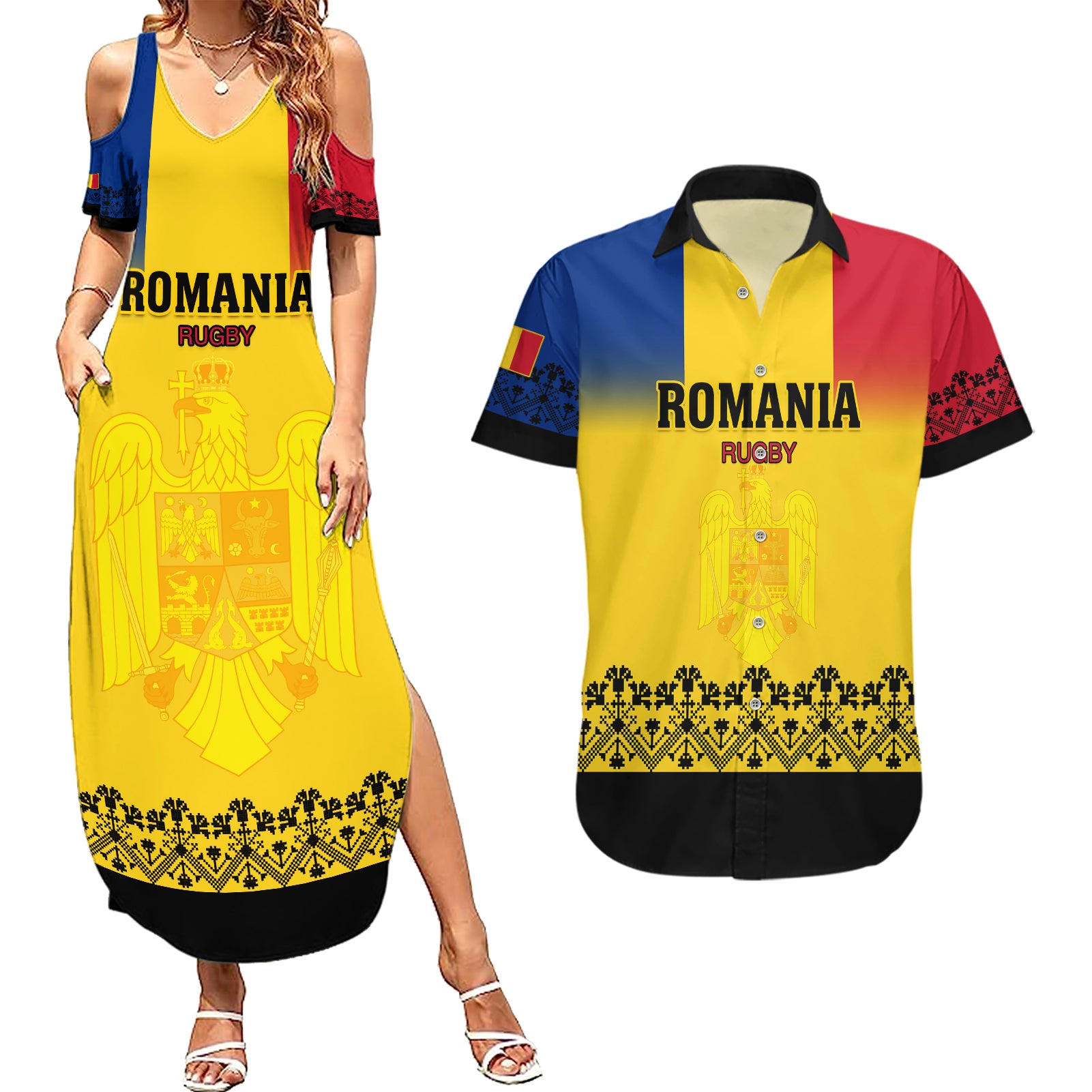 Romania Rugby Couples Matching Summer Maxi Dress and Hawaiian Shirt Stejarii Go 2023 World Cup - Wonder Print Shop