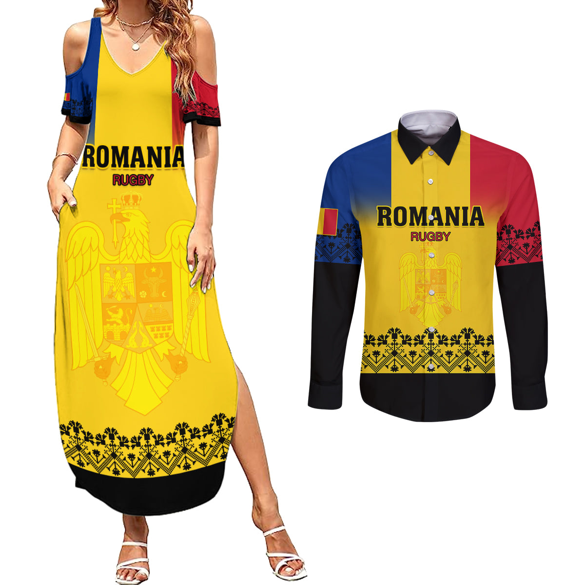 Romania Rugby Couples Matching Summer Maxi Dress and Long Sleeve Button Shirts Stejarii Go 2023 World Cup - Wonder Print Shop