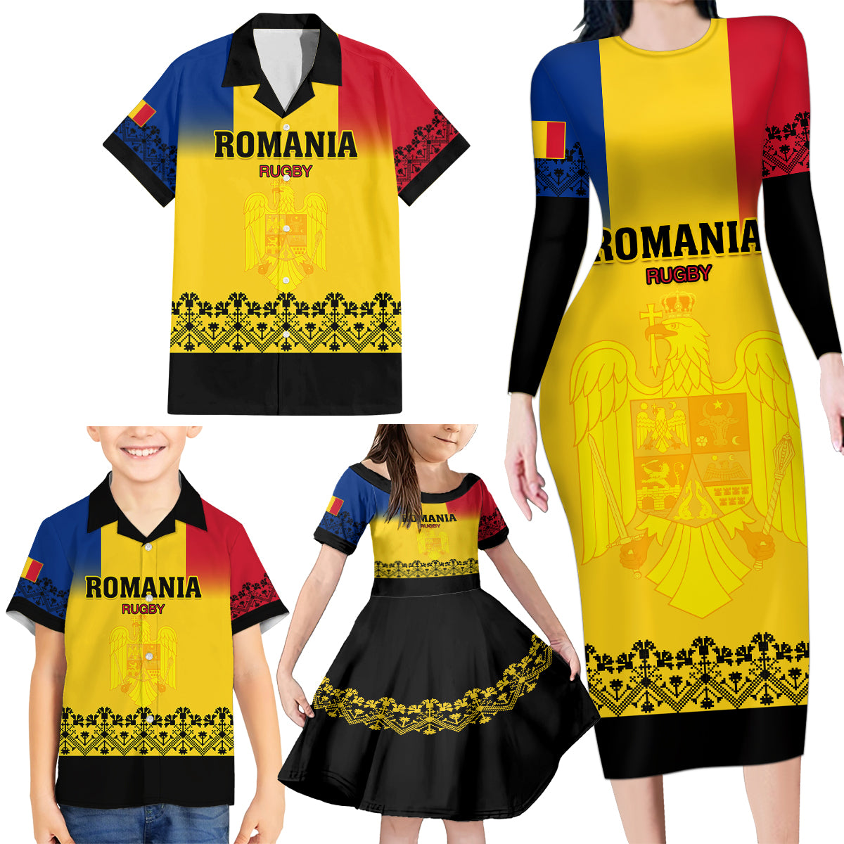 Romania Rugby Family Matching Long Sleeve Bodycon Dress and Hawaiian Shirt Stejarii Go 2023 World Cup - Wonder Print Shop