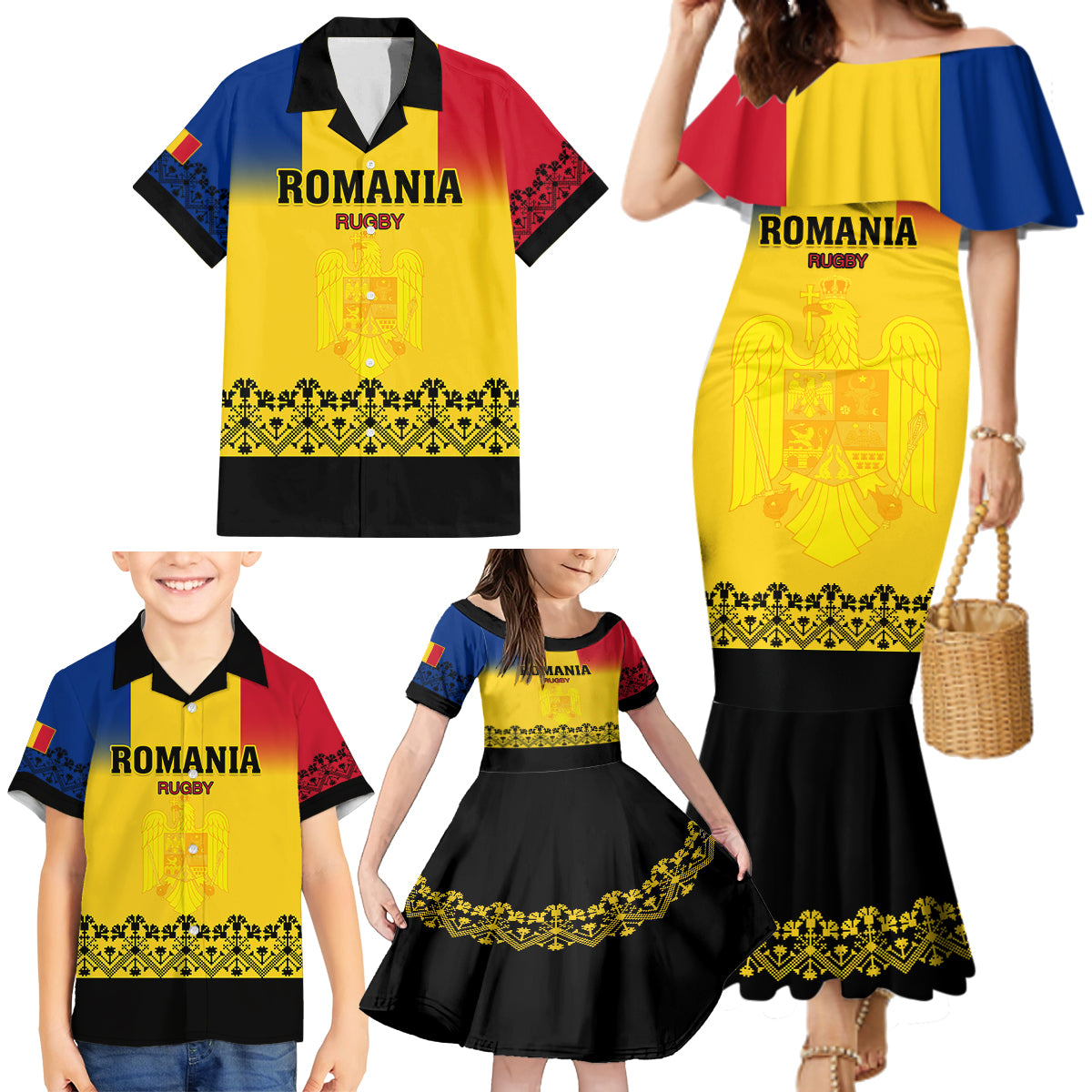 Romania Rugby Family Matching Mermaid Dress and Hawaiian Shirt Stejarii Go 2023 World Cup - Wonder Print Shop