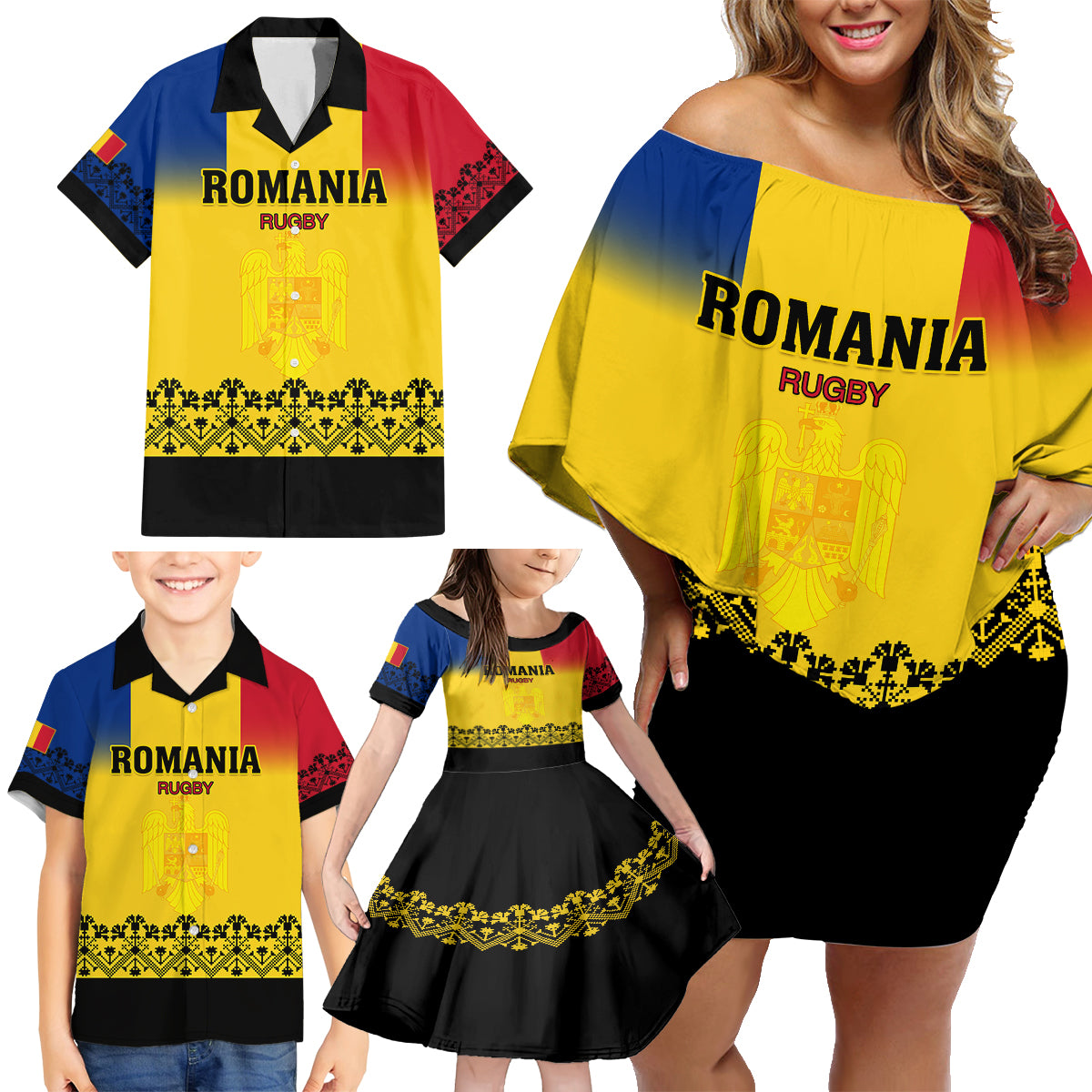 Romania Rugby Family Matching Off Shoulder Short Dress and Hawaiian Shirt Stejarii Go 2023 World Cup - Wonder Print Shop