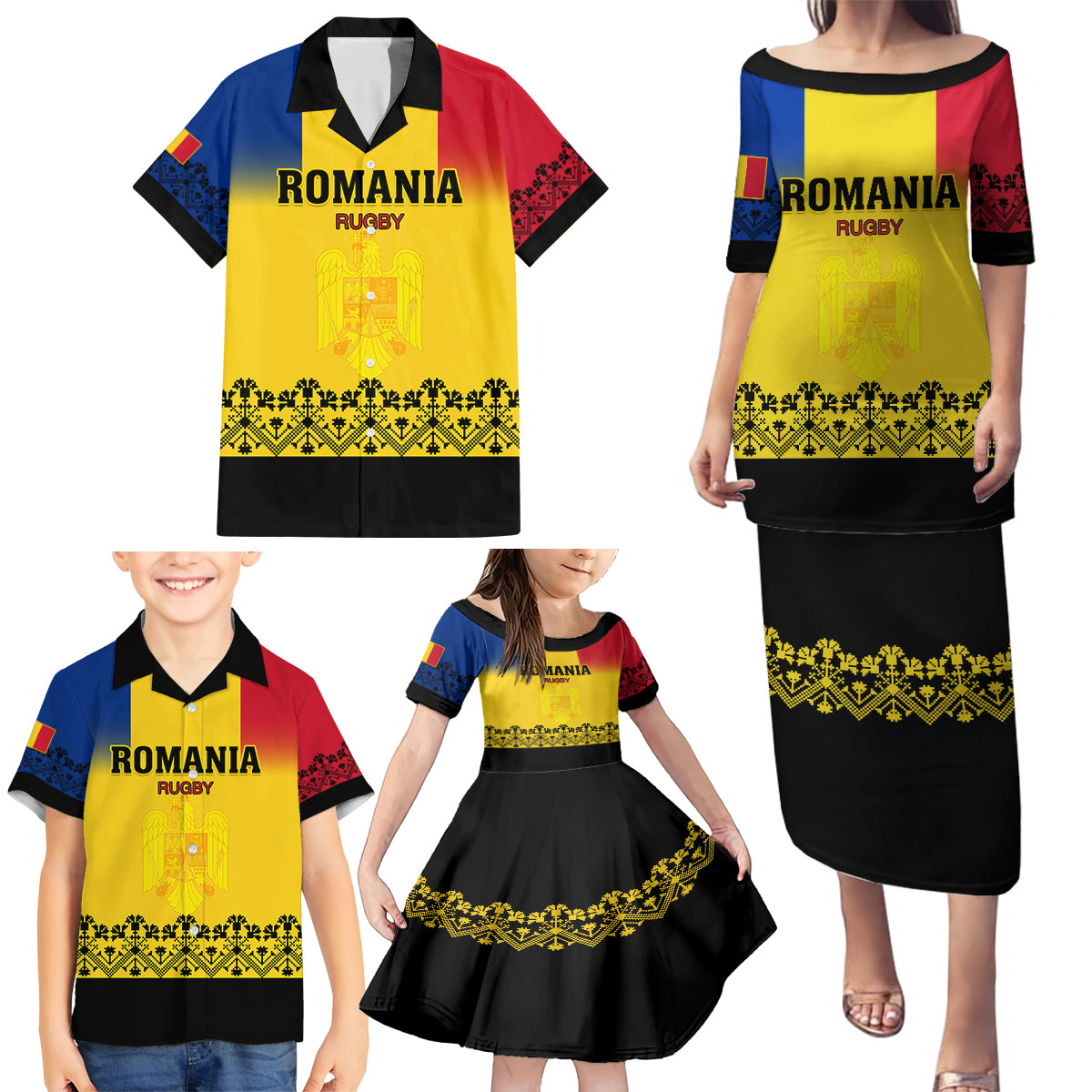 Romania Rugby Family Matching Puletasi Dress and Hawaiian Shirt Stejarii Go 2023 World Cup - Wonder Print Shop