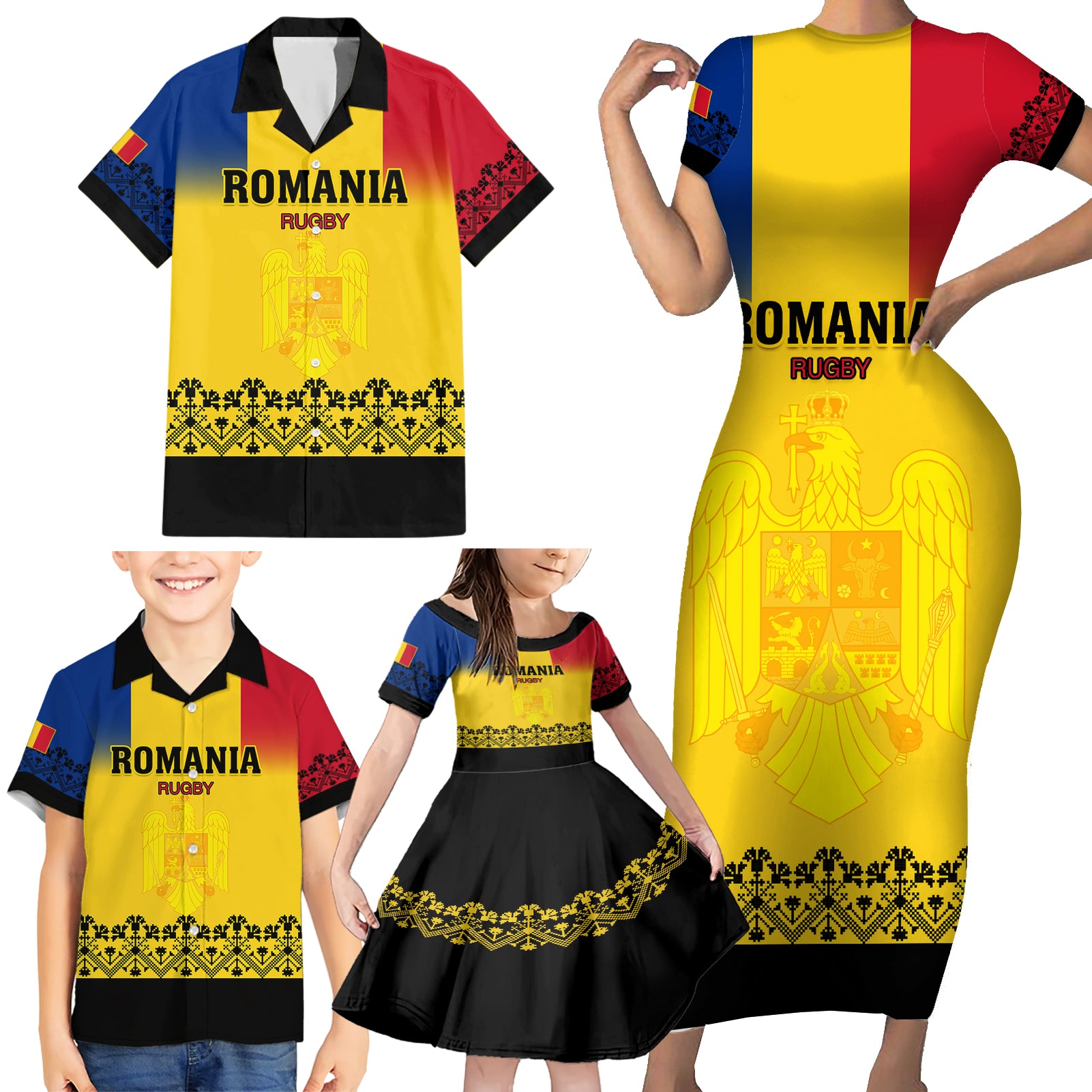 Romania Rugby Family Matching Short Sleeve Bodycon Dress and Hawaiian Shirt Stejarii Go 2023 World Cup - Wonder Print Shop